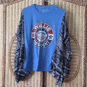 Upcycled Willie Nelson Blue Graphic Long Sleeve Shirt/poncho M-XL